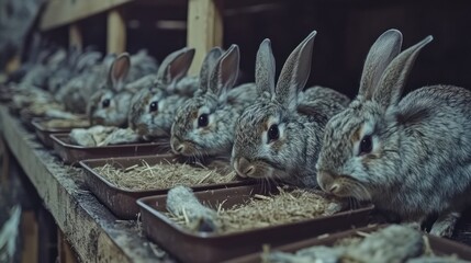 Obraz premium Grey rabbits eating hay in cages.