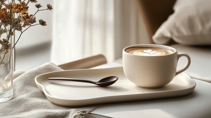 Fototapeta premium Latte art in a beige mug on a tray, near a window.