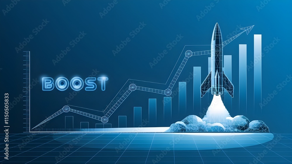 Poster abstract growth graph chart with launch rocket on technology blue background. startup and success bu