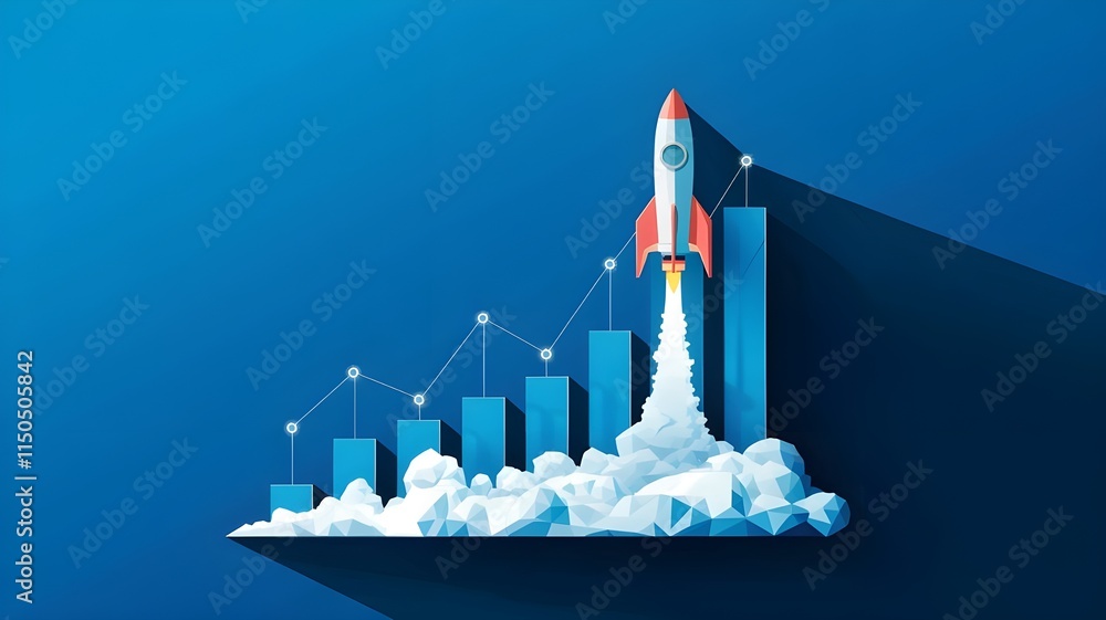 Poster abstract growth graph chart with launch rocket on technology blue background. startup and success bu