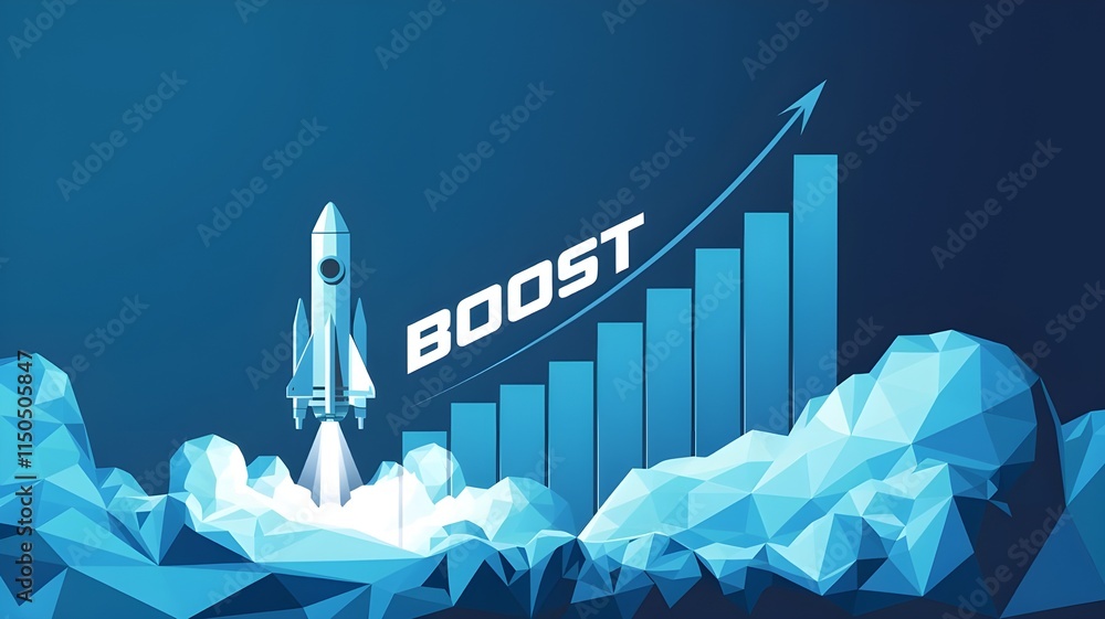 Aufkleber abstract growth graph chart with launch rocket on technology blue background. startup and success bu