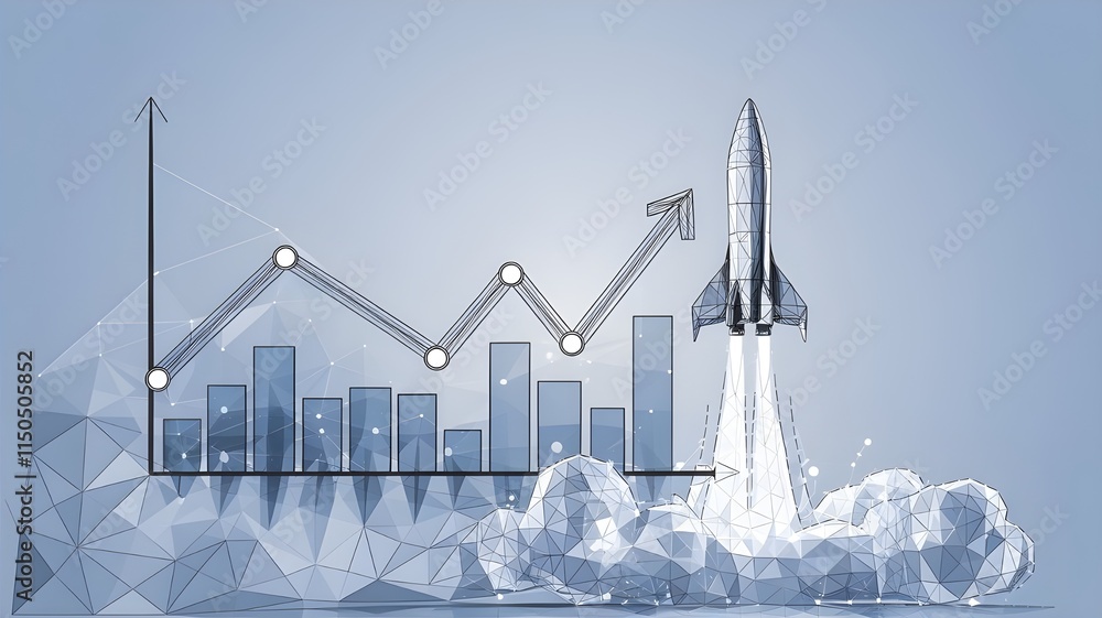 Poster abstract growth graph chart with launch rocket on technology blue background. startup and success bu