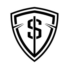 Minimalist Modern Geometric Shield Logo with Dollar Sign, Navy Blue, Silver, and White Line Art