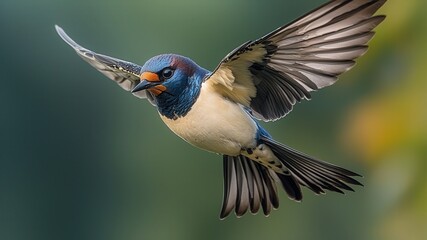 Fototapeta premium Vibrant swallow in mid-flight against lush greenery