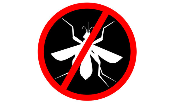 No mosquito fly. Anti gnat or stop midge vector icon, insect repellent spray sign, bite forbidden red cross circle, insects danger and control warning symbol with mosquitoes silhouette