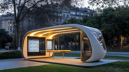 Modern, illuminated bus shelter with digital displays and seating at dusk.