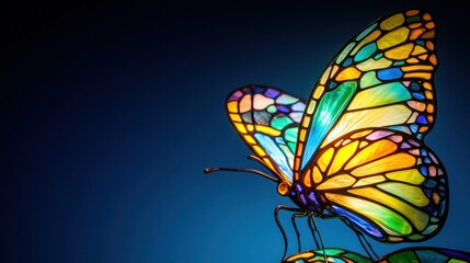 Colorful stained glass butterfly against a dark blue background.