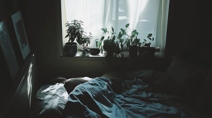 Sunlit bedroom with plants on windowsill and bed.