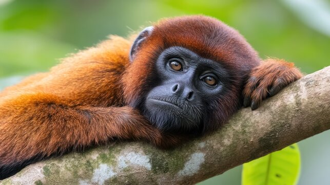 Red howler monkey resting on a tree branch.