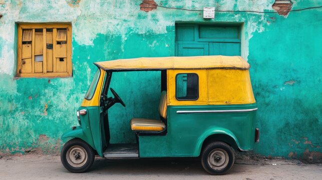 Yellow and green auto rickshaw parked by a teal building with yellow window.