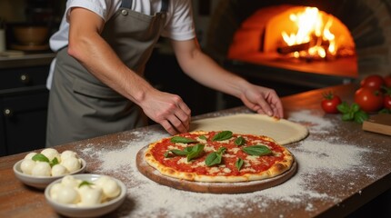 Italian Chef Preparing Pizza in Traditional Kitchen