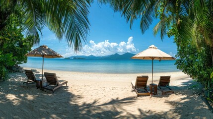 Obraz premium Beautiful panoramic sea sand sky. Tropical relax beach sunny summer island landscape. Love couple chairs umbrella palm leaves romantic coast. Luxury travel destination. Honeymoon vacation best holiday