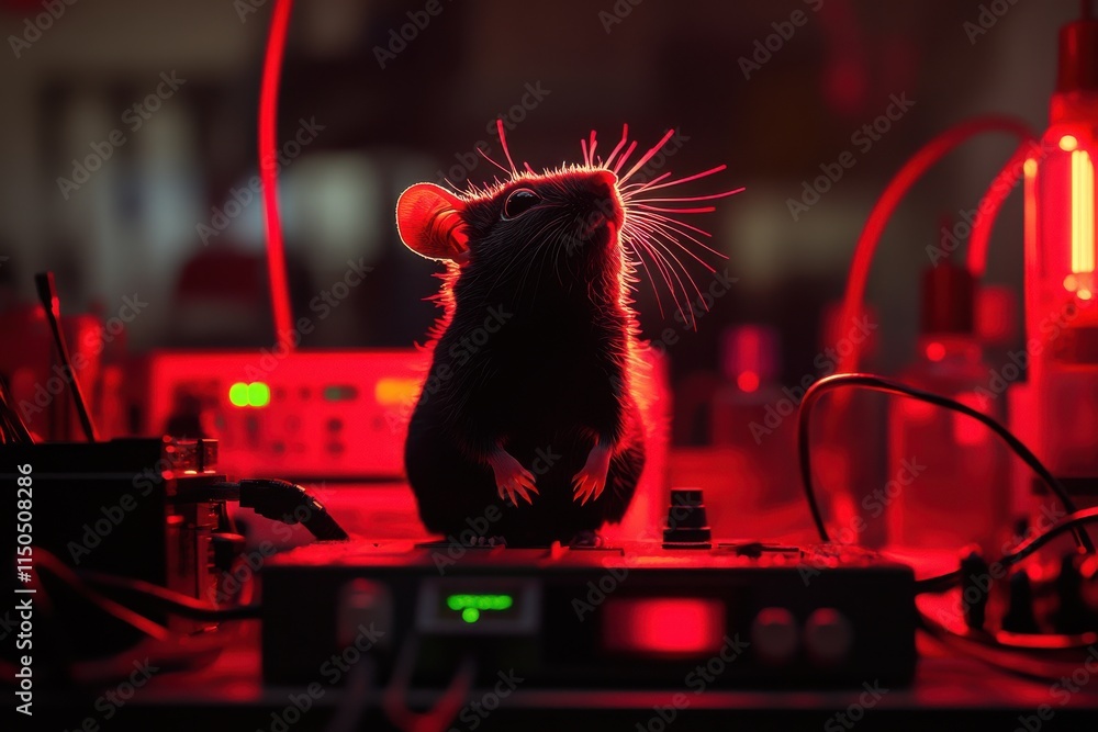 Poster laboratory setting with mouse under red light for heat regulation study with high contrast compositi