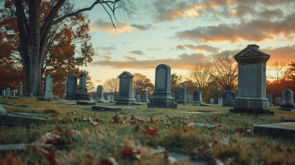 Cemetery landscape with gravestones at sunset in autumn