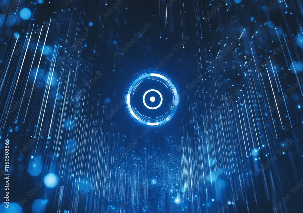 Poster bright blue digital background with vertical lines and a circular design creating a futuristic atmos