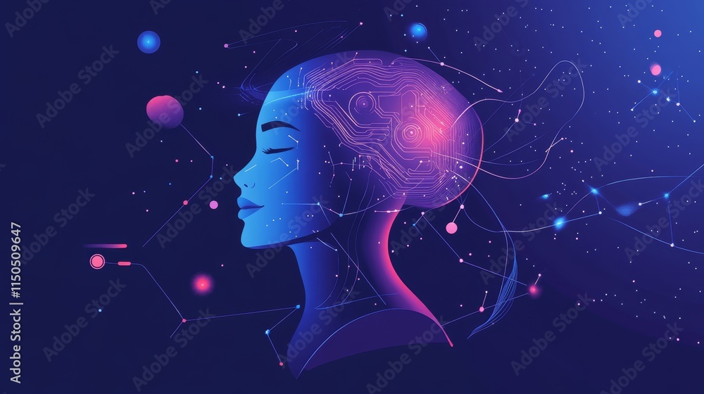 Poster digital representation of a woman with a glowing brain circuit design set against a cosmic backgroun