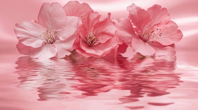 Pink peach blossom flowers on a pink background, cherry blossoms with their reflection in the water, a floral composition, soft-focus photography, a spring theme, beauty and romance.
