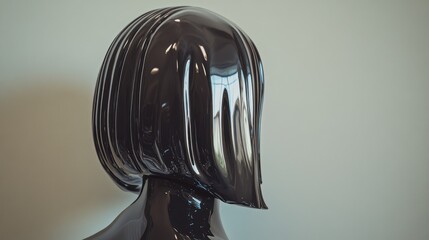 Rear view of a glossy black mannequin head with a bob haircut.