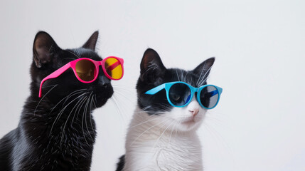 Two black and white cats wearing colorful sunglasses