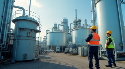 Biofuel Refinery Workers Monitoring Production Tanks