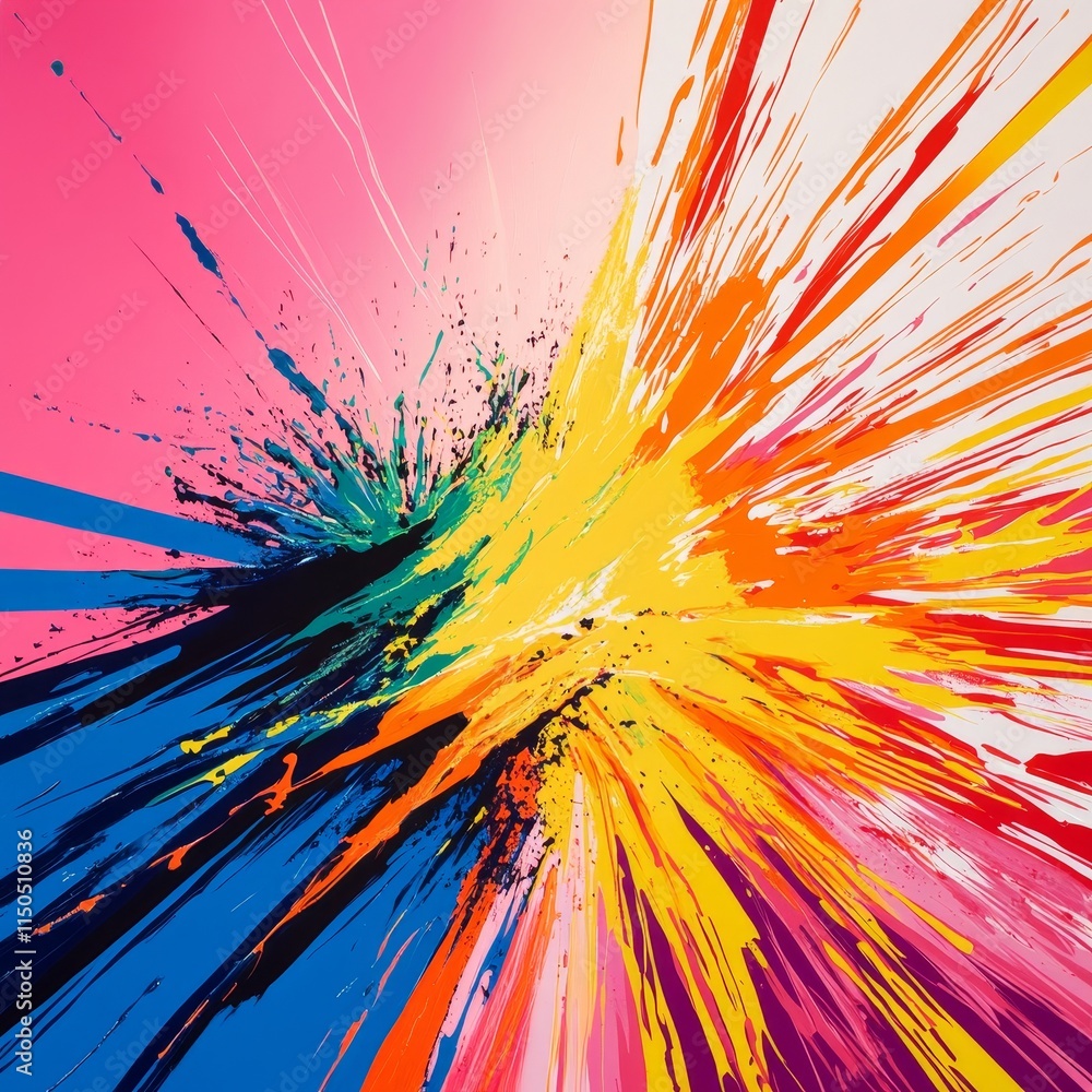 Poster vibrant explosion of colors showcasing abstract art with vivid strokes and dynamic shapes against a 