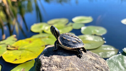 Obraz premium Small turtle basking on a rock by a pond with lily pads