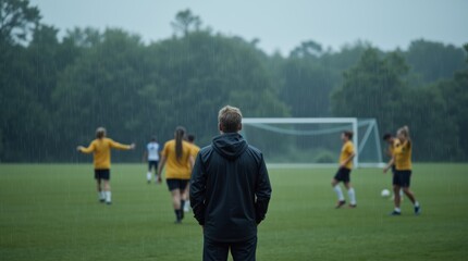 Obraz premium Dedicated Soccer Coach in the Rain