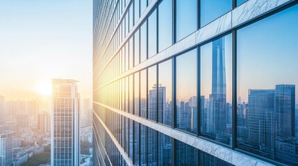 Sunrise Illuminates Modern Skyscrapers in a Bustling City Skyline With Reflective Glass Facades Showcasing a Vibrant Morning Atmosphere