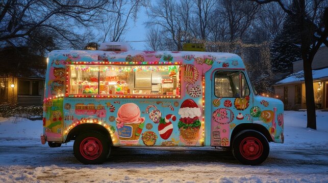 Festive ice cream truck parked on a snowy street at night, decorated with colorful lights and candy designs.