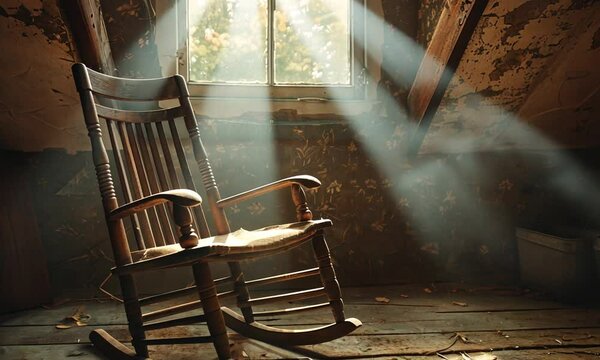 Dusty rocking chair in an abandoned attic with sunbeams.