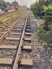 Obraz premium Railway tracks in the countryside of Bangladesh, closeup of photo