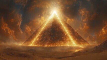 A glowing pyramid emerges from a desert, radiating light amidst dramatic clouds.