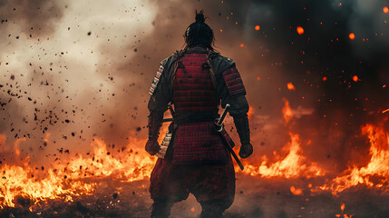 A powerful samurai in crimson armor standing in the midst of a burning village flames reflecting in his helmet.