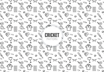  Black Stroke Style Cricket equipment's On White Background.