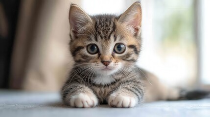 Obraz premium Adorable kitten with striped fur lying on soft surface in sunlit room
