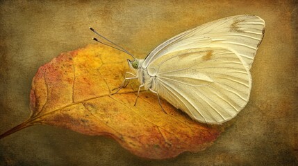 Pale butterfly perched on autumn leaf.
