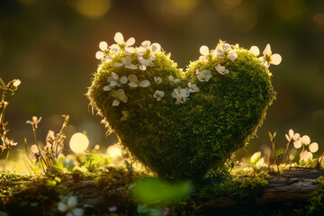 Heart-shaped moss adorned with delicate flowers symbolizes love and nature for Valentine's Day celebration