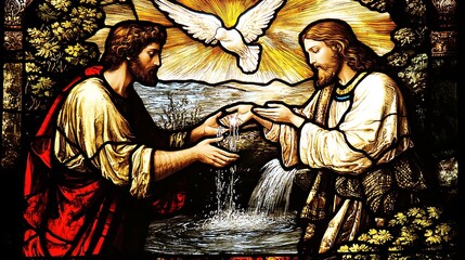 A detailed stained glass window featuring John the Baptist pouring water over Jesus in the River Jordan, a radiant dove shining above, glowing celestial light illuminating the scene,