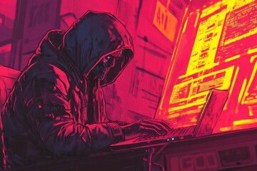 Mysterious Hacker in Hooded Figure Typing on Laptop Surrounded by Glowing Warning Signs in Vibrant Neon Colors, Cartoon Style Drawing in Dark Atmosphere