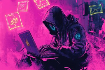 Mysterious Hooded Figure Typing on Laptop in Cartoon Style with Glowing Warning Signs in Vibrant Neon Colors Against a Dark Background