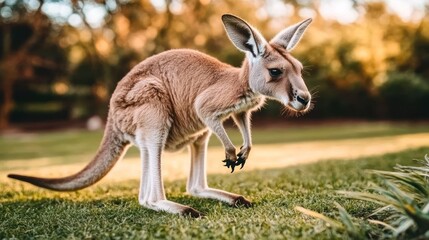 Young red kangaroo standing in a grassy field during golden hour.