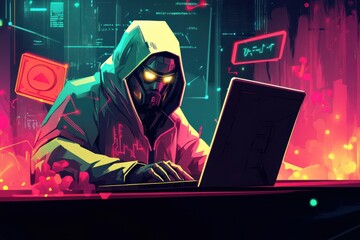 Mysterious Hooded Figure Typing on Laptop Surrounded by Glowing Warning Signs in a Dark, Vibrant Neon Cartoon Style Scene
