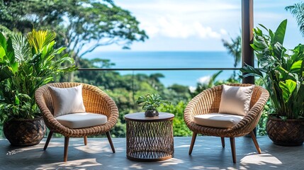 Obraz premium A cozy seating area with two wicker chairs and a small table on a balcony overlooking the ocean.