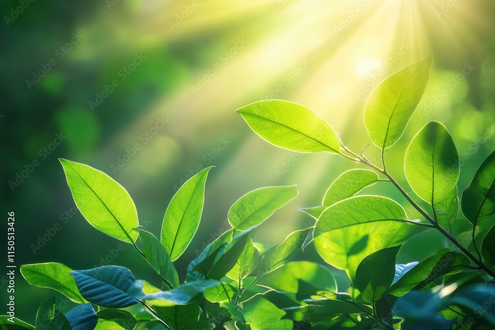 Aufkleber natural greenery with sunlight filtering through, creating a warm bokeh effect in a vibrant forest b