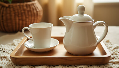 Fototapeta premium Elegant porcelain tea set on a wooden tray, evoking memories of timeless traditions in a cozy sunlit space