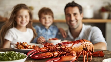 Grilled lobster brings ocean flavors. Family enjoying a seafood meal with a lobster centerpiece.