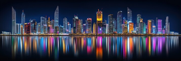 Obraz premium Vibrant cityscape at night, reflected in calm water.