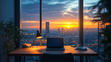 Stylish workspace with a minimalist desk, laptop, lamp and books against the backdrop of a large panoramic window. An inspiring and private atmosphere, perfect for work, creativity or reflection