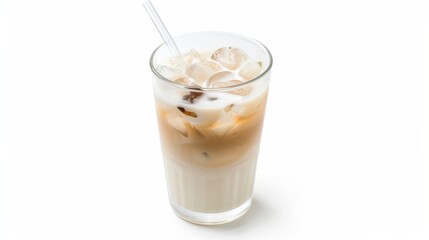Refreshing Ice Tea Milk Garnished With Ice Cubes on a Clean White Background