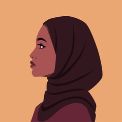 Portrait of young beautiful muslim woman in hijab, side view. Arab woman in profile. Diversity. Avatar of girl for social networks. Stock vector illustration in flat style.